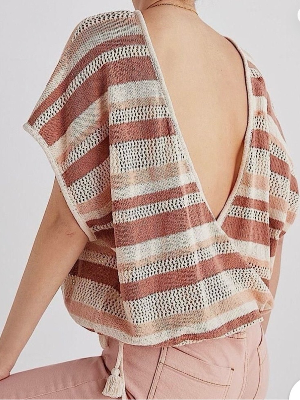 Anthropologie One Size Striped Side-Tie Poncho tassels deep V-back loose knit
